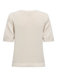 Beige gebreide trui met korte mouwen en geribde boorden, halslijn en zoom, gezien van achteren tegen een effen witte achtergrond.