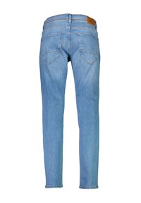 Light blue denim jeans with a straight cut, featuring two back pockets and a leather patch on the waistband. Smooth texture, classic design.