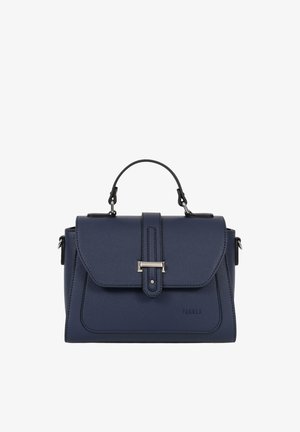 Sac à main en cuir bleu marine avec poignée supérieure, rabat avant à fermeture boucle, et nom de marque embossé "FAGOLA" en bas à droite.