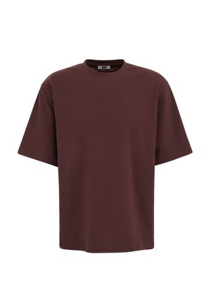 Temno rjava majica s kratkimi rokavi in okrolim ovratnikom, sproščenega kroja, prikazana na belem ozadju.