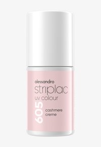 Roze flesje UV-nagellak gelabeled "alessandro striplac," met een witte dop en tekst die de kleur "605 cashmere creme" aangeeft.