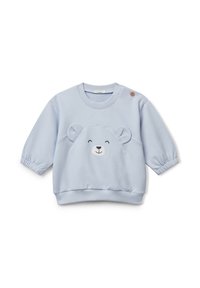 Světle modrá dětská mikina se elastickými manžetami, designem usmívajícího se medvědího obličeje s 3D ušima a jedním hnědým knoflíkem na levém rameni.