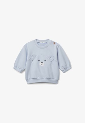 Lichtblauw baby sweatshirt met elastische manchetten, een ontwerp van een glimlachend berenhoofd met 3D-oren en een enkele bruine knoop op de linkerschouder.