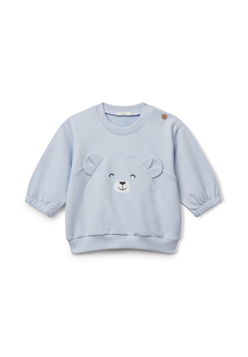 Světle modrá dětská mikina se elastickými manžetami, designem usmívajícího se medvědího obličeje s 3D ušima a jedním hnědým knoflíkem na levém rameni.