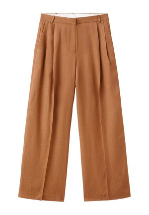Pantalon marron taille haute à jambes larges avec plis, poches latérales et passants de ceinture, présenté sur fond blanc.