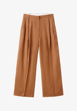 Pantalon marron taille haute à jambes larges avec plis, poches latérales et passants de ceinture, présenté sur fond blanc.