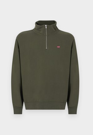 Pullover a maniche lunghe verde oliva con una mezza cerniera frontale e un piccolo logo Levi's rosso sul petto a sinistra.