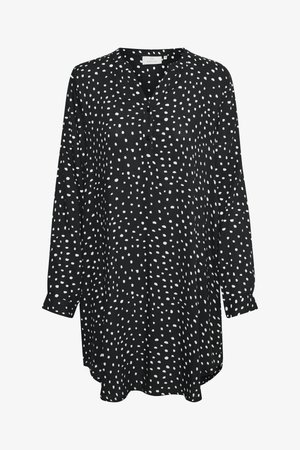 Mustika mustriga must tunika, valge täpilise mustriga, nööpidega avatud puus, pikad varrukad ja ümardatud serv. Valmistatud kergest tekstureeritud kangast.