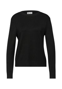 Pull noir en maille avec manches longues, col rond, poignets et ourlet côtelés. Texture lisse, design minimaliste, sans motifs visibles.
