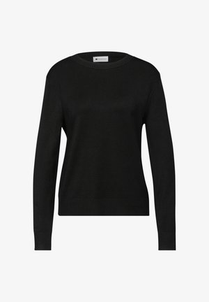 Sort strikket sweater med lange ærmer, rund halsudskæring og ribbede manchetter og kant. Glat tekstur, minimalistisk design, uden synlige mønstre.