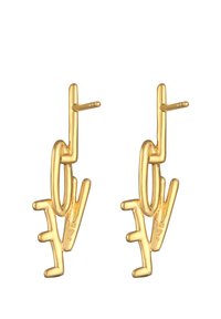 Goldfarbene Metallohrringe mit einem abstrakten Design, das ineinander greifende Buchstaben zeigt. Glatte Textur und modernes Design. Mit Ohrstecker und Lanyard.