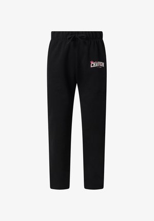 Zwarte sweatpants met een elastische tailleband en een trekkoord, voorzien van een klein Champion-logo met een roze palmboom op de bovenste linker dij.