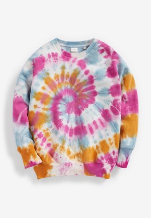 Bluza tie-dye z wzorem spiralnym w kolorach różowym, żółtym, niebieskim i pomarańczowym. Wykonana z miękkiego materiału, z prążkowanym dekoltem i mankietami.