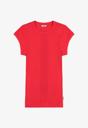 Rode geribde korte mouw T-shirt met ronde hals en Wrangler-merklabel bij de kraag en zijnnaad.