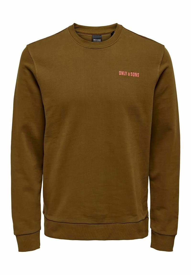 Felpa marrone con collo rotondo, polsini e orlo a coste. Presenta un piccolo logo "ONLY & SONS" in rosa sul lato sinistro del petto.