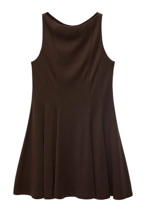Brown sleeveless dress with a flared skirt, displayed flat, showcasing a smooth fabric texture and clean lines.