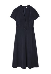 Donkerblauwe jurk met korte mouwen, ceintuurtje in de taille en een ronde halslijn. Heeft een verborgen rits aan de achterkant, gemaakt van gladde stof.