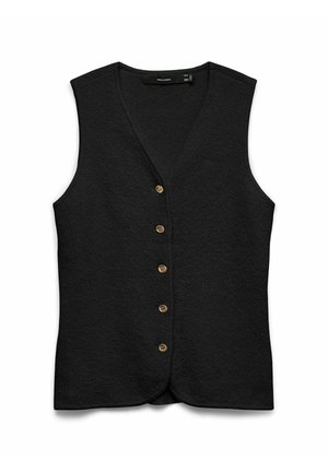 Gilet noir sans manches en tricot avec col en V et six boutons dorés sur le devant, posé à plat sur un fond blanc.