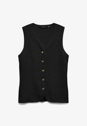 Gilet noir sans manches en tricot avec col en V et six boutons dorés sur le devant, posé à plat sur un fond blanc.