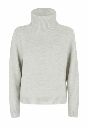 Maglione a collo alto grigio chiaro realizzato in morbido tessuto a maglia, con dettagli testurizzati e polsini e orlo a coste. Design elegante e minimalista.