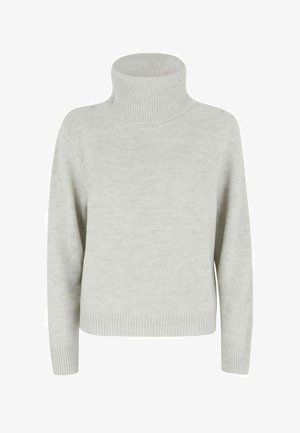 Maglione a collo alto grigio chiaro realizzato in morbido tessuto a maglia, con dettagli testurizzati e polsini e orlo a coste. Design elegante e minimalista.