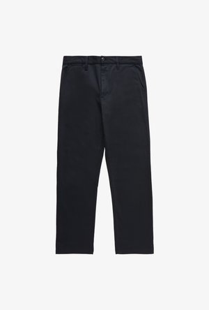 Pantalones negros de tejido suave, con un corte regular, cierre de cremallera y botón, bolsillos laterales y diseño de pierna recta.