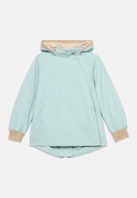 Ανοιχτό μπλε πουλόβερ με τζάκετ και μπεζ επένδυση στη κουκούλα, ελαστικά τελειώματα στα μανίκια και πλαϊνές τσέπες. Διαθέτει στρογγυλεμένο τελείωμα και ομαλό ύφασμα.