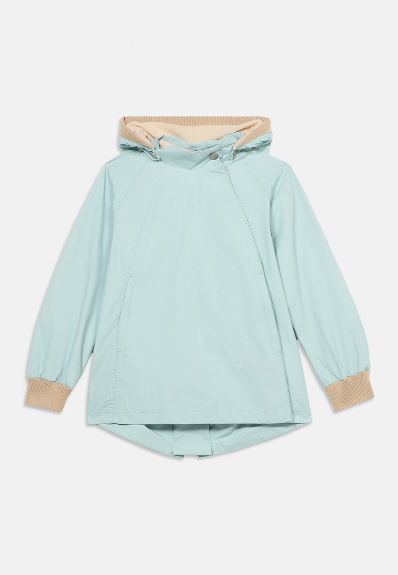 Ανοιχτό μπλε πουλόβερ με τζάκετ και μπεζ επένδυση στη κουκούλα, ελαστικά τελειώματα στα μανίκια και πλαϊνές τσέπες. Διαθέτει στρογγυλεμένο τελείωμα και ομαλό ύφασμα.