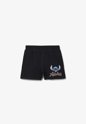 Czarne spodenki z elastyczną talią i przednimi kieszeniami, z kolorową postacią Stitcha i napisem „Aloha” na prawej nogawce.