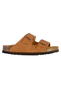 Sandale en suède marron avec deux sangles réglables, semelle en liège et semelle en caoutchouc texturée pour une bonne adhérence. Design minimaliste avec une silhouette classique.