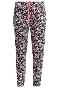 Pantalones jogger con estampado floral en negro con flores rosas y azules. Cuentan con cintura elástica y cordón ajustable en rosa brillante. Tela ligera.