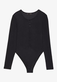 Bodysuit noir à manches longues avec une encolure dégagée, fermeture à boutons sur le devant et une coupe cintrée. Fabriqué en tissu côtelé extensible.