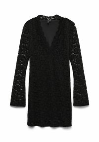 Černé krajkové šaty s dlouhými rukávy, výstřihem do V, květinovým vzorem, vroubkovanými okraji a splývavou siluetou. Texturovaná látka zvýrazňuje design.