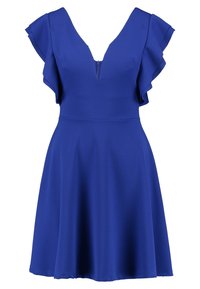 Blå klänning av mjukt tyg, med korta volangärmar och djup V-ringning, med en utsvängt kjol och dragkedja baktill.