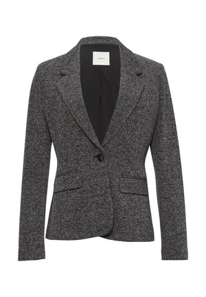 Houndstooth-blazer in zwart en wit, met enkele knoopsluiting, twee voorzakken, notched revers, getailleerde pasvorm, textuurstof.