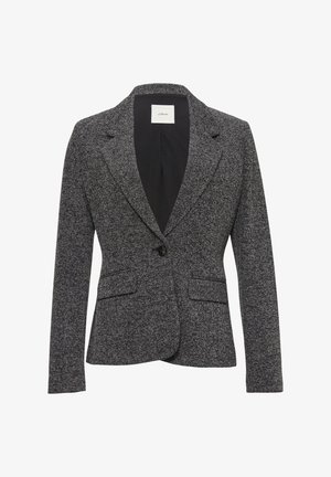 Houndstooth-pattern blazer in black and white, single button closure, two front pockets, notch lapels, tailored fit, textured fabric.