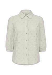 Lichtgrijze blouse met een knoopsluiting aan de voorkant, oogjespatroon en ballonmouwen. Heeft een klassieke kraag en parelachtige knopen.