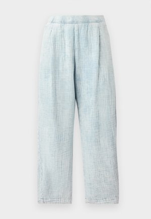 Light blue, lightweight, textured fabric pants with an elastic waistband, full length, and pleats for added detail.