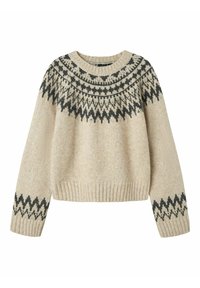 Beżowy sweter wykonany na drutach, z okrągłym dekoltem, ściągaczami przy mankietach oraz czarnym geometrycznym wzorem wokół karczka i rękawów.