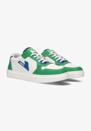 White, green, and blue sneakers with leather upper, textured lace panels, perforated toe, and logo detail on the side. Rubber sole.