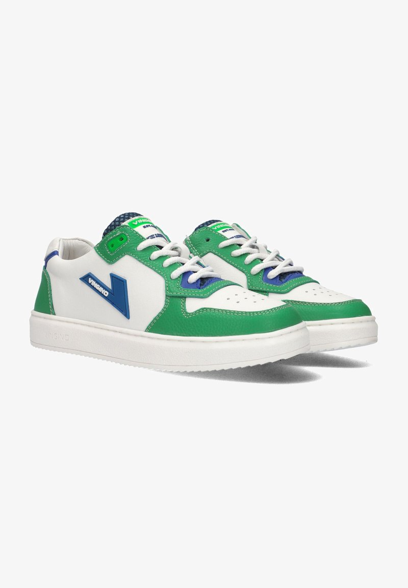 White, green, and blue sneakers with leather upper, textured lace panels, perforated toe, and logo detail on the side. Rubber sole.