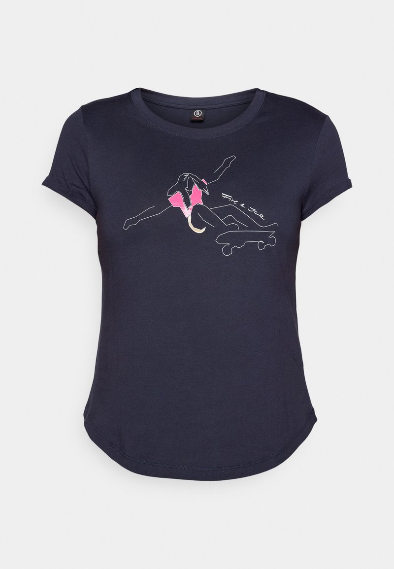 Navyblaue Baumwoll-T-Shirt mit kurzen Ärmeln. Es zeigt einen bunten Aufdruck eines Skaters und Text, hat einen runden Halsausschnitt und einen abgerundeten Saum.