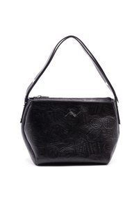 Czarna skórzana torebka o teksturowej powierzchni z wytłaczanymi okrągłymi wzorami i zamknięciem na zamek. Posiada pojedynczy pasek na ramię.
