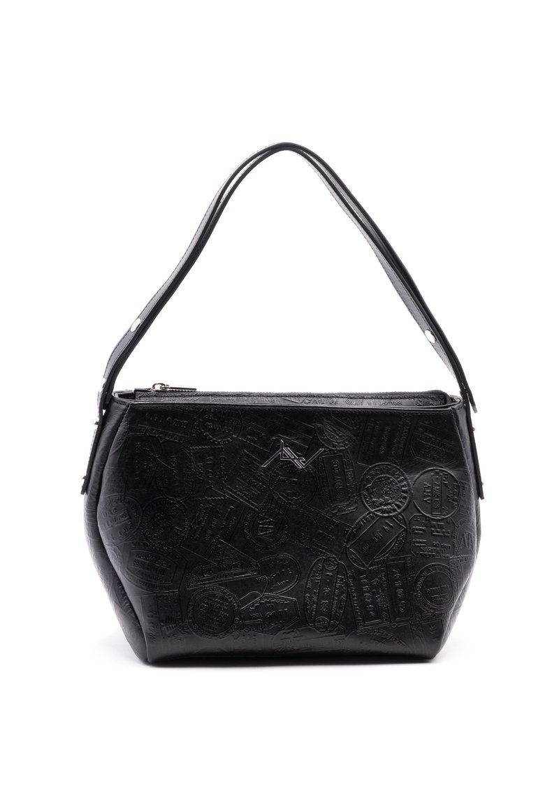 Czarna skórzana torebka o teksturowej powierzchni z wytłaczanymi okrągłymi wzorami i zamknięciem na zamek. Posiada pojedynczy pasek na ramię.