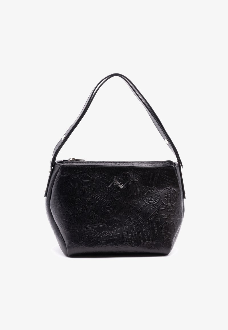 Czarna skórzana torebka o teksturowej powierzchni z wytłaczanymi okrągłymi wzorami i zamknięciem na zamek. Posiada pojedynczy pasek na ramię.