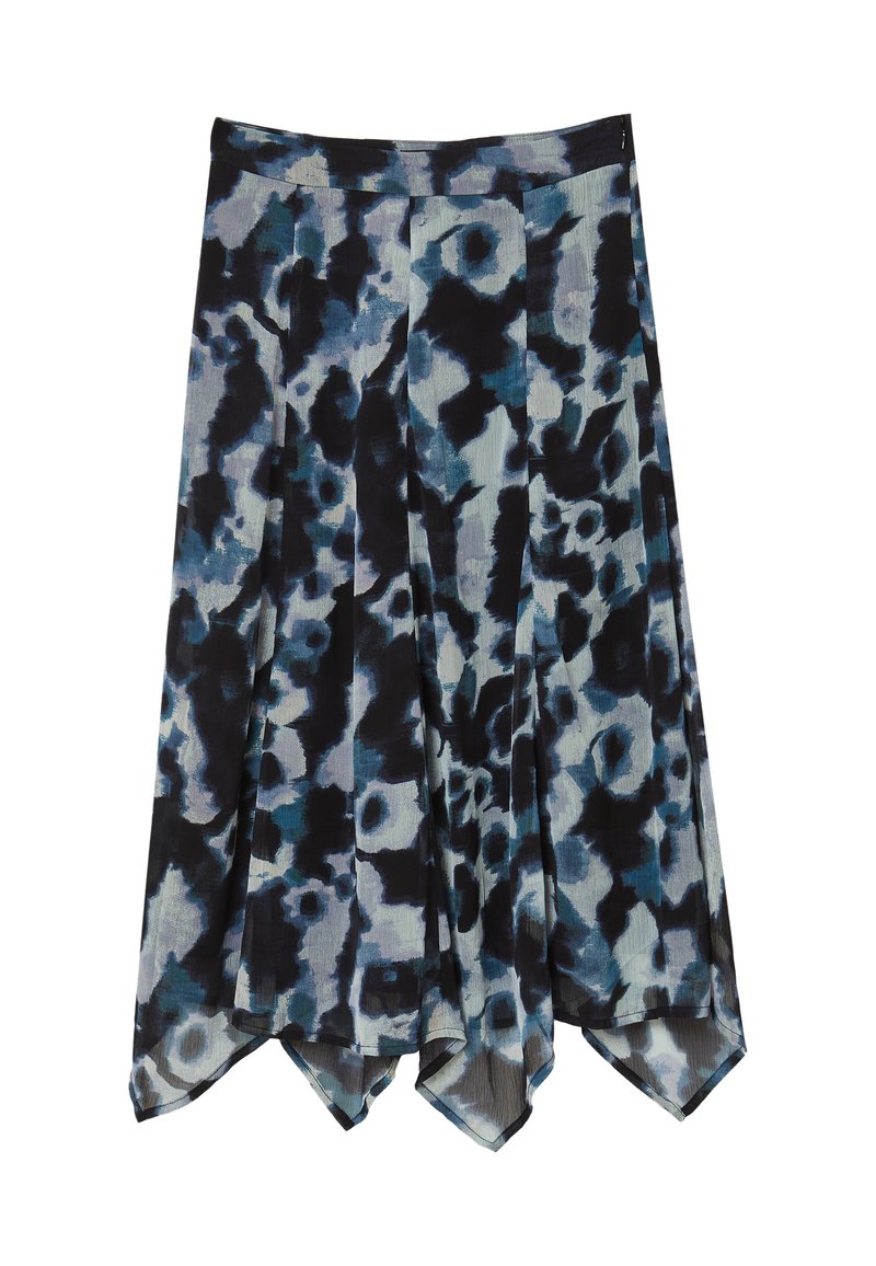Jupe florale abstraite bleu, noir et blanc avec un ourlet plissé et asymétrique et une fermeture éclair sur le côté.