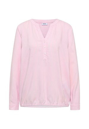 Blouse à manches longues à rayures verticales rose clair et blanc avec col en V, trois boutons et ourlet élastique, étiquette "CECIL" à l'intérieur du col.