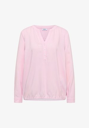 Blouse à manches longues à rayures verticales rose clair et blanc avec col en V, trois boutons et ourlet élastique, étiquette "CECIL" à l'intérieur du col.