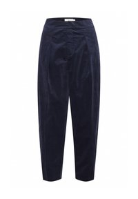 Pantaloni in corduroy blu navy con vita alta, frontale plissettato e gambe affusolate. Tessuto liscio con righe di tessuto visibili e senza tasche.