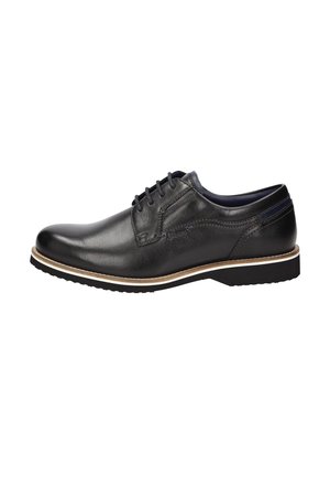 Chaussure habillée en cuir noir avec une finition lisse, bout rond, design à lacets, coutures blanches et semelle en caoutchouc pour une meilleure adhérence.